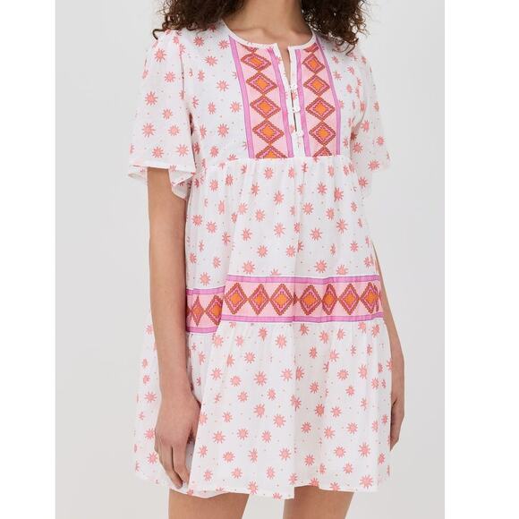 Marea Tiki Dress Small Mini Starburst Aztec Print White Pink Beachy Coverup Boho - Picture 1 of 15